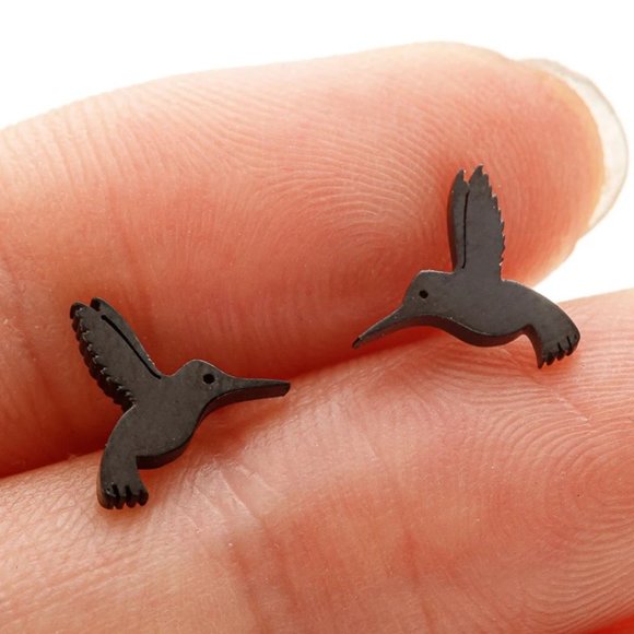 Black Stud Hummingbird Earrings - Small & Cute Bird, Spring, Summer, Autumn‎ - Picture 1 of 2